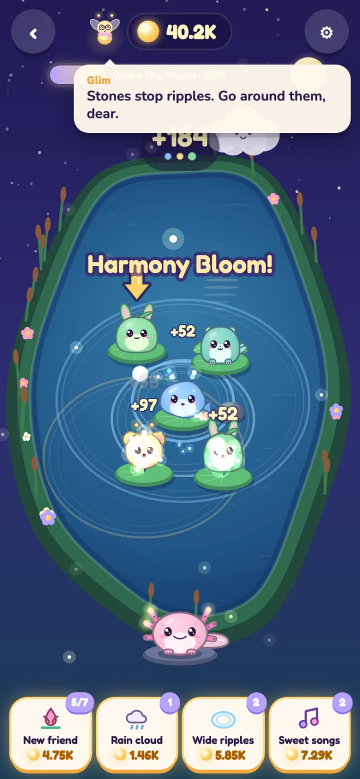A pond of singing friends: one tap wakes them all, Harmony Bloom!